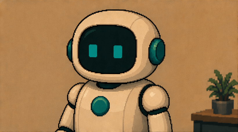 Pixel art: a small cream-coloured robot with a dark visor and teal accents, sitting upright at a desk.