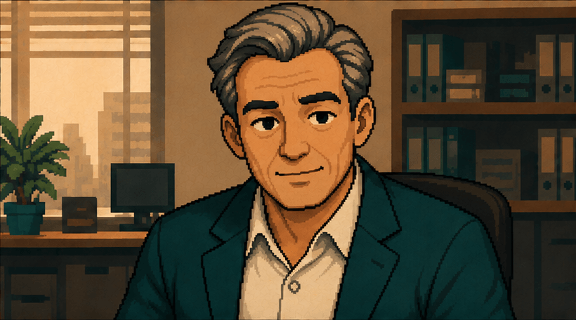 Pixel art: a corporate manager in a dark teal suit on a video call from a high-rise office, hand near the chin, thoughtful.
