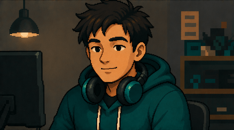 Pixel art: a developer at a desk lit by two monitors, headphones around the neck, mid-thought.
