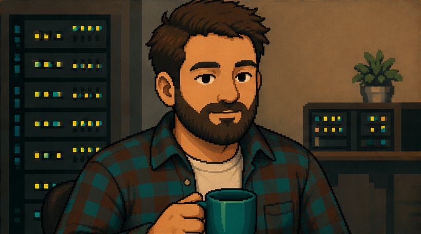 Pixel art: a bearded operator in a plaid shirt holding a teal mug, server racks blinking behind them.